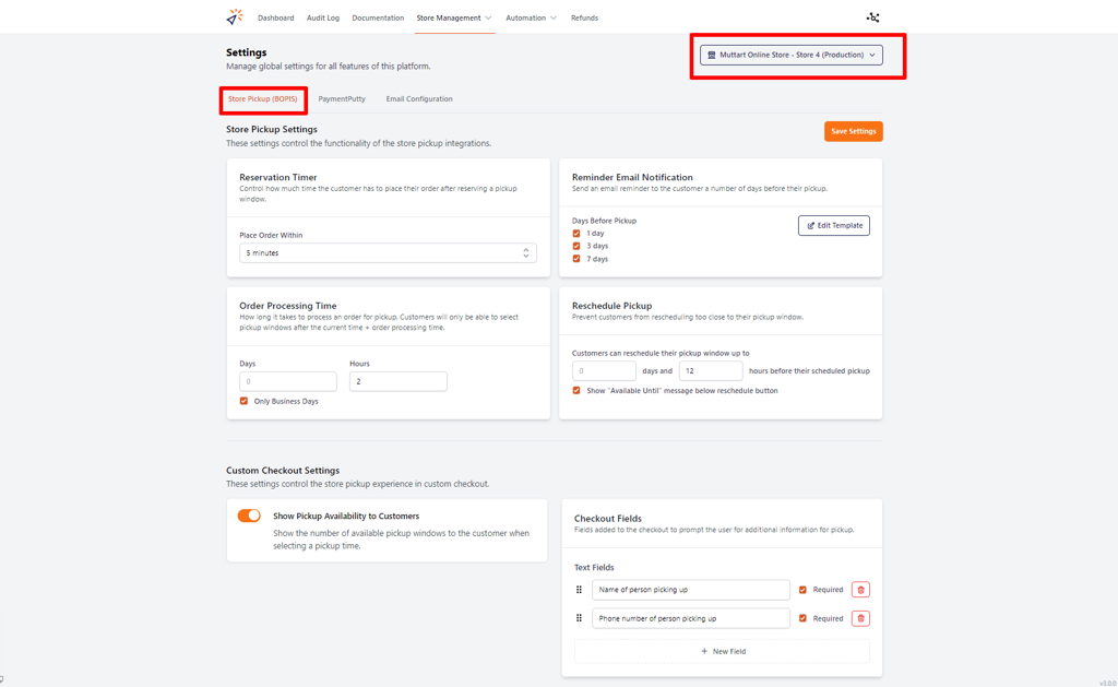 Settings - Store Pickup Settings - Store Pickup